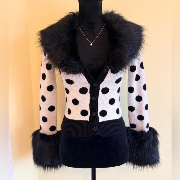 Nasty Gal Tops - Nasty Gal Black and White Polka Dot Fur Cardigan